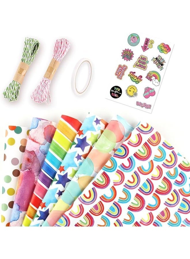AIWANTO Rainbow Gift Wrap Paper Set 50 × 70 cm Colourful Wrapping Paper with String & Stickers for Birthdays, Valentine’s Day & Celebrations (12 Sets x 2 Pack) - Image 1